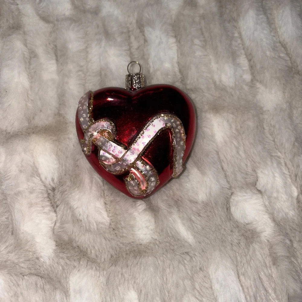 Blown Glass Red Heart Ornament Pink Ribbon Glitter